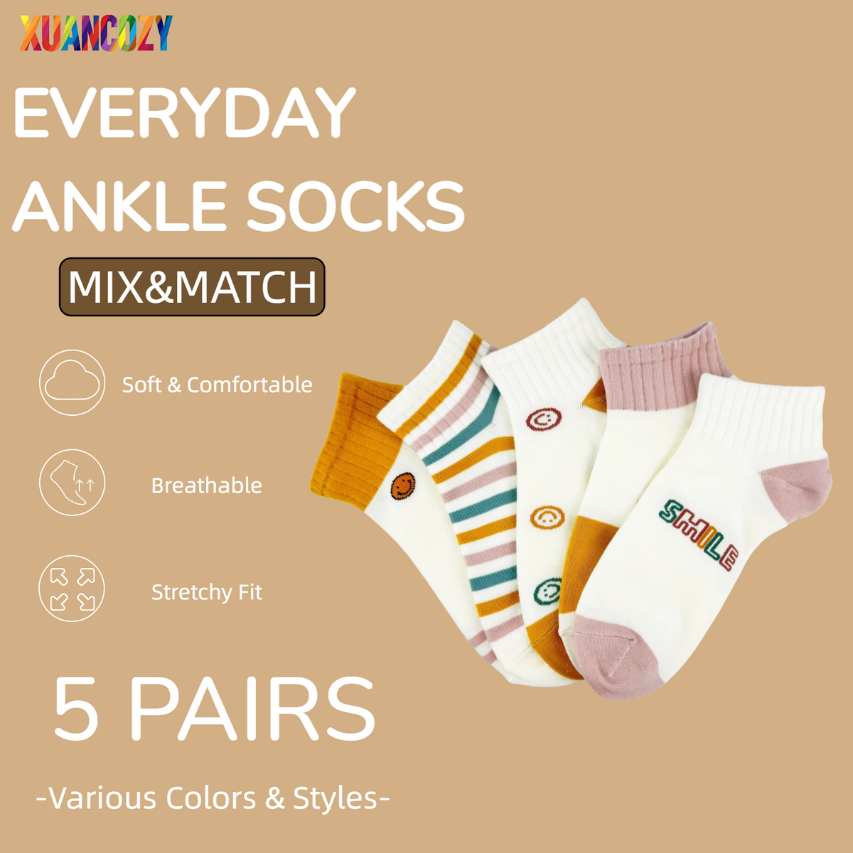 Pick Your Style-Women's Multicolor Ankle Socks(5 Pairs)-Comfortable Daily Wear-14 Designs Available