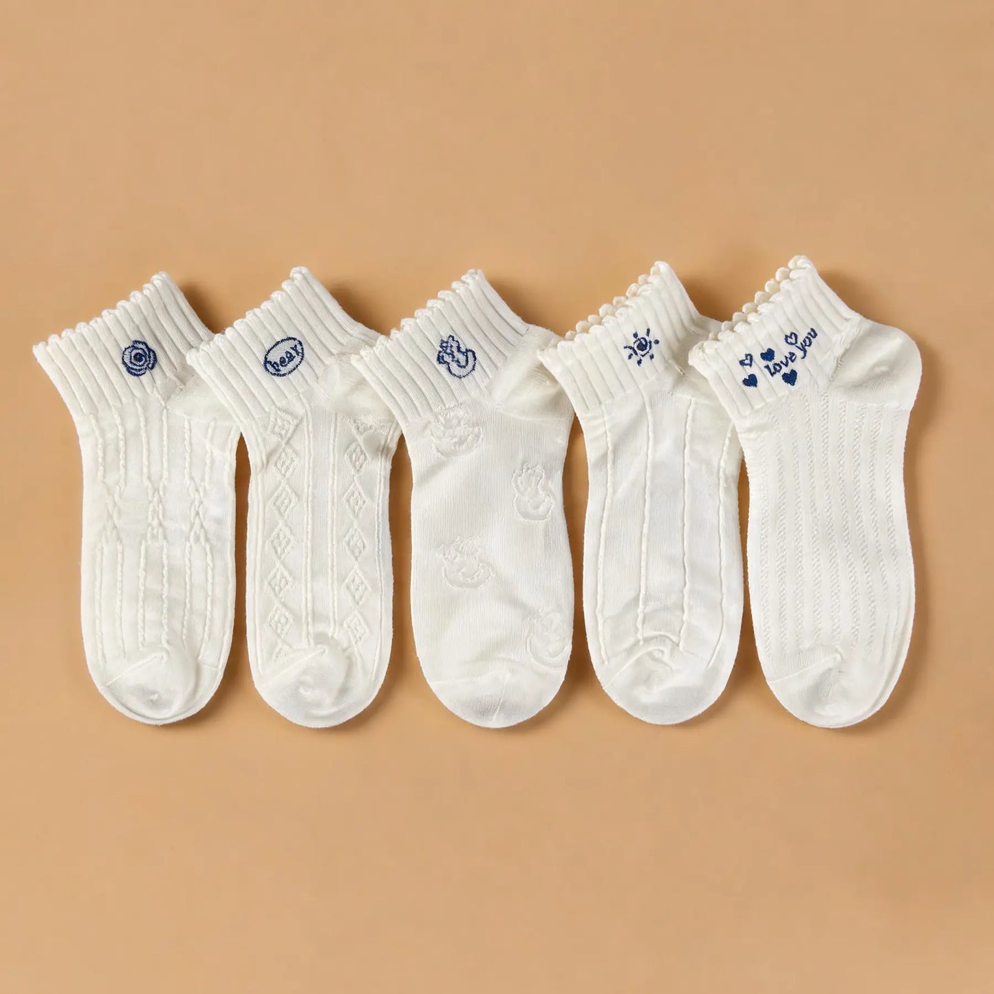 Xuancozy Women's 3D Jacquard Ankle Socks(5 Pairs)-Comfortable Daily Wear-9 Designs Available